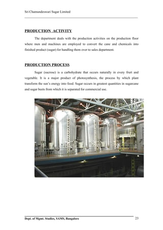 Sri Chamundeswari Sugar Limited
___________________________________________________________


PRODUCTION ACTIVITY
       The department deals with the production activities on the production floor
where men and machines are employed to convert the cane and chemicals into
finished product (sugar) for handling them over to sales department.



PRODUCTION PROCESS
       Sugar (sucrose) is a carbohydrate that occurs naturally in every frurt and
vegetable. It is a major product of photosynthesis, the process by which plant
transform the sun’s energy into food. Sugar occurs in greatest quantities in sugarcane
and sugar beets from which it is separated for commercial use.




Dept. of Mgmt. Studies, SAMS, Bangalore                                            23
 