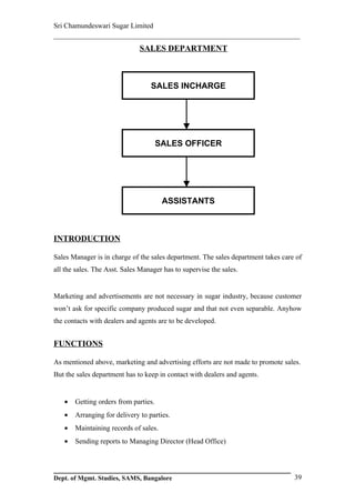 Sri Chamundeswari Sugar Limited
___________________________________________________________
                              SALES DEPARTMENT



                                  SALES INCHARGE




                                      SALES OFFICER




                                       ASSISTANTS



INTRODUCTION

Sales Manager is in charge of the sales department. The sales department takes care of
all the sales. The Asst. Sales Manager has to supervise the sales.


Marketing and advertisements are not necessary in sugar industry, because customer
won’t ask for specific company produced sugar and that not even separable. Anyhow
the contacts with dealers and agents are to be developed.


FUNCTIONS

As mentioned above, marketing and advertising efforts are not made to promote sales.
But the sales department has to keep in contact with dealers and agents.


   •   Getting orders from parties.
   •   Arranging for delivery to parties.
   •   Maintaining records of sales.
   •   Sending reports to Managing Director (Head Office)




Dept. of Mgmt. Studies, SAMS, Bangalore                                            39
 