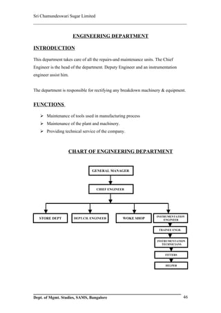 Sri Chamundeswari Sugar Limited
___________________________________________________________

                       ENGINEERING DEPARTMENT

INTRODUCTION

This department takes care of all the repairs-and maintenance units. The Chief
Engineer is the head of the department. Deputy Engineer and an instrumentation
engineer assist him.


The department is responsible for rectifying any breakdown machinery & equipment.


FUNCTIONS

    Maintenance of tools used in manufacturing process
    Maintenance of the plant and machinery.
    Providing technical service of the company.



                   CHART OF ENGINEERING DEPARTMENT


                                GENERAL MANAGER




                                   CHIEF ENGINEER




                                                                    INSTRUMENTATION
   STORE DEPT          DEPT.CH. ENGINEER         WOKE SHOP              ENGINEER


                                                                      TRAINEE ENGR.


                                                                     INSTRUMENTATION
                                                                        TECHNICIANS


                                                                         FITTERS


                                                                         HELPER




Dept. of Mgmt. Studies, SAMS, Bangalore                                               46
 