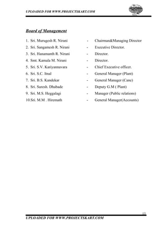 UPLOADED FOR WWW.PROJECTSKART.COM
Board of Management
1. Sri. Murugesh R. Nirani - Chairman&Managing Director
2. Sri. Sangamesh R. Nirani - Executive Director.
3. Sri. Hanamanth R. Nirani - Director.
4. Smt. Kamala M. Nirani - Director.
5. Sri. S.V. Kariyannavara - Chief Executive officer.
6. Sri. S.C. Itnal - General Manager (Plant)
7. Sri. B.S. Kandekar - General Manager (Cane)
8. Sri. Suresh. Dhabade - Deputy G.M ( Plant)
9. Sri. M.S. Heggalagi - Manager (Public relations)
10.Sri. M.M . Hiremath - General Manager(Accounts)
13
UPLOADED FOR WWW.PROJECTSKART.COM
 
