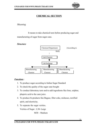 UPLOADED FOR WWW.PROJECTSKART.COM
CHEMICAL SECTION
Meaning
It means to take chemical tests before producing sugar and
manufacturing of sugar from sugar cane.
Structure
Chemical Department (According to
Shift)
Lab Chemist
Lab Incharge
Manufacturing Manufacturing Manufacturing
Chemist Chemist Chemist
Functions :
1. To produce sugar according to Indian Sugar Standard
2. To check the quality of the sugar cane bought
3. To conduct laboratory tests and to add ingredients like lime, sulphur,
phsprric acid to the cane juice.
4. To produce bi-products like Bagase, filter coke, molasses, rectified
spirit, and electricity.
5. To separate the sugar verities.
Verities of Sugar : L30- Large
M30 – Medium
21
UPLOADED FOR WWW.PROJECTSKART.COM
 