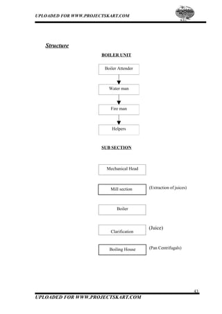 UPLOADED FOR WWW.PROJECTSKART.COM
Structure
BOILER UNIT
Boiler Attender
Water man
Fire man
Helpers
SUB SECTION
Mechanical Head
Mill section (Extraction of juices)
Boiler
Clarification
(Juice)
Boiling House (Pan Centrifugals)
43
UPLOADED FOR WWW.PROJECTSKART.COM
 