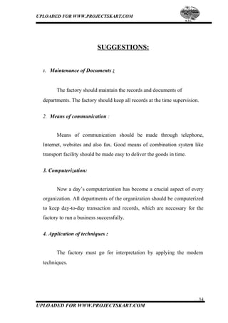 UPLOADED FOR WWW.PROJECTSKART.COM
SUGGESTIONS:
1. Maintenance of Documents :
The factory should maintain the records and documents of
departments. The factory should keep all records at the time supervision.
2. Means of communication :
Means of communication should be made through telephone,
Internet, websites and also fax. Good means of combination system like
transport facility should be made easy to deliver the goods in time.
3. Computerization:
Now a day’s computerization has become a crucial aspect of every
organization. All departments of the organization should be computerized
to keep day-to-day transaction and records, which are necessary for the
factory to run a business successfully.
4. Application of techniques :
The factory must go for interpretation by applying the modern
techniques.
54
UPLOADED FOR WWW.PROJECTSKART.COM
 