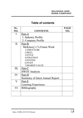SALDANA AND
                                        SONS COMPANY



                        Table of contents
 SL.                                           PAGE
 NO.                         CONTENTS           NO.
  I.       Part-A
           1. Industry Profile
           2. Company Profile
   II.     Part-B
            McKinsey’s 7s Frame Work
                1.STRUCTURE
                2.SKILL
                3.STYLE
                4.STRATEGY
                5.SYSTEM
                6.STAFF
                7.SHARED VALUE
  III.     Part-C
           SWOT Analysis
  IV       Part-D
           Summary of latest Annual Report
   V       Part-E
           Learning Experience
  VI       Bibliography




                                                       1
Dept. of MBA, H R I H E Hassan
 
