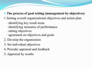  The process of goal setting (management by objectives)
1.Setting overall organizational objectives and action plan
  · identifying key result areas
  · identifying measures of performance
  · stating objectives
  · agreement on objectives and goals
2. Develop the organization
3. Set individual objectives
4. Periodic appraisal and feedback
5. Appraisal by results
 