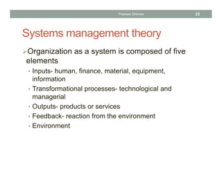 Systems management theory
Organization as a system is composed of five
elements
• Inputs- human, finance, material, equipment,
information
• Transformational processes- technological and
managerial
• Outputs- products or services
• Feedback- reaction from the environment
• Environment
Prabesh Ghimire 23
 