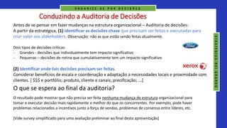 Conduzindo a Auditoria de Decisões
Antes de se pensar em fazer mudanças na estrutura organizacional – Auditoria de decisões:
A partir da estratégica, (1) identificar as decisões chave que precisam ser feitas e executadas para
criar valor aos stakeholders. Observação: não as que estão sendo feitas atualmente.
Dois tipos de decisões críticas:
- Grandes - decisões que individualmente tem impacto significativo
- Pequenas – decisões de rotina que cumulativamente tem um impacto significativo
(2) Identificar onde tais decisões precisam ser feitas.
Considerar benefícios de escala e coordenação x adaptação a necessidades locais e proximidade com
clientes. [ $$$ e portfólio; produto, cliente e canais; precificação; ...]
O que se espera ao final da auditoria?
O resultado pode mostrar que não precisa ser feita nenhuma mudança de estrutura organizacional para
tomar e executar decisão mais rapidamente e melhor do que os concorrentes. Por exemplo, pode haver
problemas relacionados a incentivos junto a força de vendas, problemas de consenso entre líderes, etc.
[Vide survey simplificado para uma avaliação preliminar ao final desta apresentação]
O R G A N I Z E - S E P O R D E C I S Õ E S
S
T
R
A
T
E
G
I
U
S
-
N
E
I
G
R
A
N
D
O
 