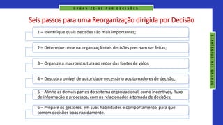 Seis passos para uma Reorganização dirigida por Decisão
1 – Identifique quais decisões são mais importantes;
2 – Determine onde na organização tais decisões precisam ser feitas;
3 – Organize a macroestrutura ao redor das fontes de valor;
4 – Descubra o nível de autoridade necessário aos tomadores de decisão;
5 – Alinhe as demais partes do sistema organizacional, como incentivos, fluxo
de informação e processos, com os relacionados à tomada de decisões;
6 – Prepare os gestores, em suas habilidades e comportamento, para que
tomem decisões boas rapidamente.
O R G A N I Z E - S E P O R D E C I S Õ E S
S
T
R
A
T
E
G
I
U
S
-
N
E
I
G
R
A
N
D
O
 