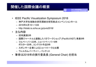 _ߤHhθҪ
? IEEE Pacific Visualization Symposium 2018
C ѧȶںоhyо㥳٥󥷥۩`
C 201841013
C http://itolab.is.ocha.ac.jp/pvis2018/
? 
C дv3
C H`ʥBӤ1ե`å (PacificVAST) k9
C եک`ѩ`23`ȥک`ѩ`9
ݥ`30ƥƷ9
C ݥ󥵩`Iˤ륷`ȥȩ`ȳչ
C 륫ѩ`ƥ`Х󥱥å
? Pߤ2018ΌgίTL (General Chair) 򵣵
3
Itoh Laboratory,
Ochanomizu University
 