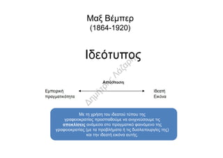Μαξ Βέμπερ
(1864-1920)
Με τη χρήση του ιδεατού τύπου της
γραφειοκρατίας προσπαθούμε να ανιχνεύσουμε τις
αποκλίσεις ανάμεσα στο πραγματικό φαινόμενο της
γραφειοκρατίας (με τα προβλήματα ή τις δυσλειτουργίες της)
και την ιδεατή εικόνα αυτής.
 