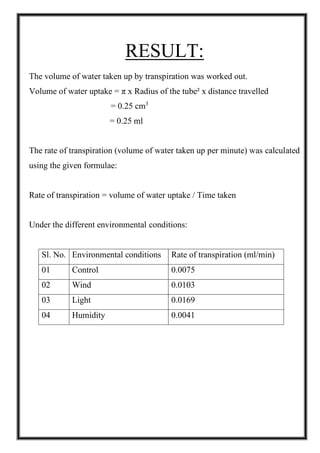 RESULT:
The volume of water taken up by transpiration was worked out.
Volume of water uptake = π x Radius of the tube² x distance travelled
= 0.25 cm3
= 0.25 ml
The rate of transpiration (volume of water taken up per minute) was calculated
using the given formulae:
Rate of transpiration = volume of water uptake / Time taken
Under the different environmental conditions:
Sl. No. Environmental conditions Rate of transpiration (ml/min)
01 Control 0.0075
02 Wind 0.0103
03 Light 0.0169
04 Humidity 0.0041
 