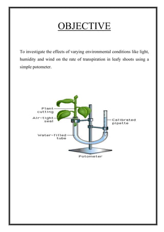 OBJECTIVE
To investigate the effects of varying environmental conditions like light,
humidity and wind on the rate of transpiration in leafy shoots using a
simple potometer.
 