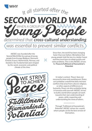 Second World War by a group ofyoung
people from Europe (Belgium, Denmark,
Finland, France, Netherlands, Norway, and
Sweden). Our fundamentals were shaped
Since then, the world has been changing
faster than ever before. We believe that
and they must learn to adapt quickly and
solve problems. This is whyAIESEC strives
for Peace & Fulﬁlment of Humankind´s
In today’s context, ‘Peace’ does not
necessarily mean only avoiding war. Peace
can symbolize a world that does not have
conﬂicts that arise from cultural, religious,
or other aspects of differences in
humanity. Peace can also symbolize being
in harmonywith yourself. AIESEC strives
to build a world where people can work
towards their own understanding of
understanding the views of others.
Through “Fulﬁlment of Humankind’s
where people can be the best version of
themselves.
2
 