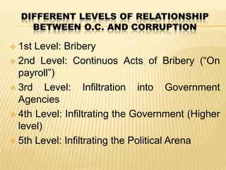 DIFFERENT LEVELS OF RELATIONSHIP
BETWEEN O.C. AND CORRUPTION

1st Level: Bribery
 2nd Level: Continuos Acts of Bribery (“On
payroll”)
 3rd
Level: Infiltration into Government
Agencies
 4th Level: Infiltrating the Government (Higher
level)
 5th Level: Infiltrating the Political Arena


 