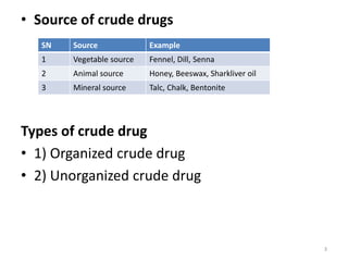 • Source of crude drugs
Types of crude drug
• 1) Organized crude drug
• 2) Unorganized crude drug
SN Source Example
1 Vegetable source Fennel, Dill, Senna
2 Animal source Honey, Beeswax, Sharkliver oil
3 Mineral source Talc, Chalk, Bentonite
3