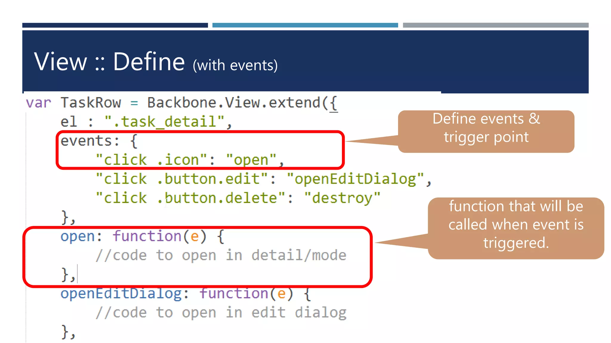View :: Define (with events)
Define events &
trigger point
function that will be
called when event is
triggered.
 