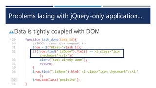 Problems facing with jQuery-only application…
Data is tightly coupled with DOM
 