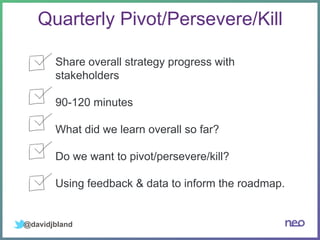 @davidjbland
Quarterly Pivot/Persevere/Kill
Share overall strategy progress with
stakeholders
90-120 minutes
What did we learn overall so far?
Do we want to pivot/persevere/kill?
Using feedback & data to inform the roadmap.
 