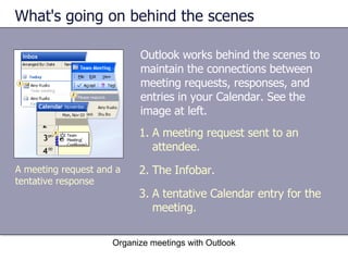 What's going on behind the scenes Outlook works behind the scenes to maintain the connections between meeting requests, responses, and entries in your Calendar. See the image at left. Organize meetings with Outlook A meeting request sent to an attendee. The Infobar. A tentative Calendar entry for the meeting. A meeting request and a tentative response 