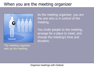 When you are the meeting organizer As the meeting organizer, you are the one who is in control of the meeting.  You invite people to the meeting, arrange for a place to meet, and choose the meeting's time and duration. Organize meetings with Outlook The meeting organizer sets up the meeting. 
