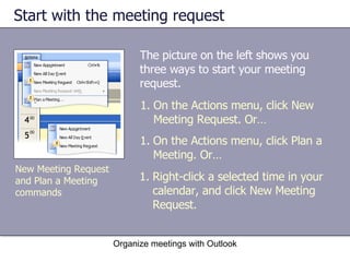 Start with the meeting request Organize meetings with Outlook New Meeting Request and Plan a Meeting commands On the Actions menu, click New Meeting Request. Or… The picture on the left shows you three ways to start your meeting request. On the Actions menu, click Plan a Meeting. Or…  Right-click a selected time in your calendar, and click New Meeting Request.  
