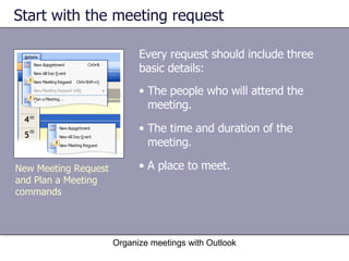 Start with the meeting request Every request should include three basic details: Organize meetings with Outlook New Meeting Request and Plan a Meeting commands The people who will attend the meeting. The time and duration of the meeting. A place to meet. 