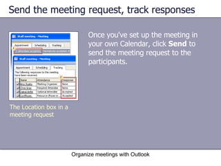 Send the meeting request, track responses Once you've set up the meeting in your own Calendar, click  Send  to send the meeting request to the participants. Organize meetings with Outlook The Location box in a meeting request 