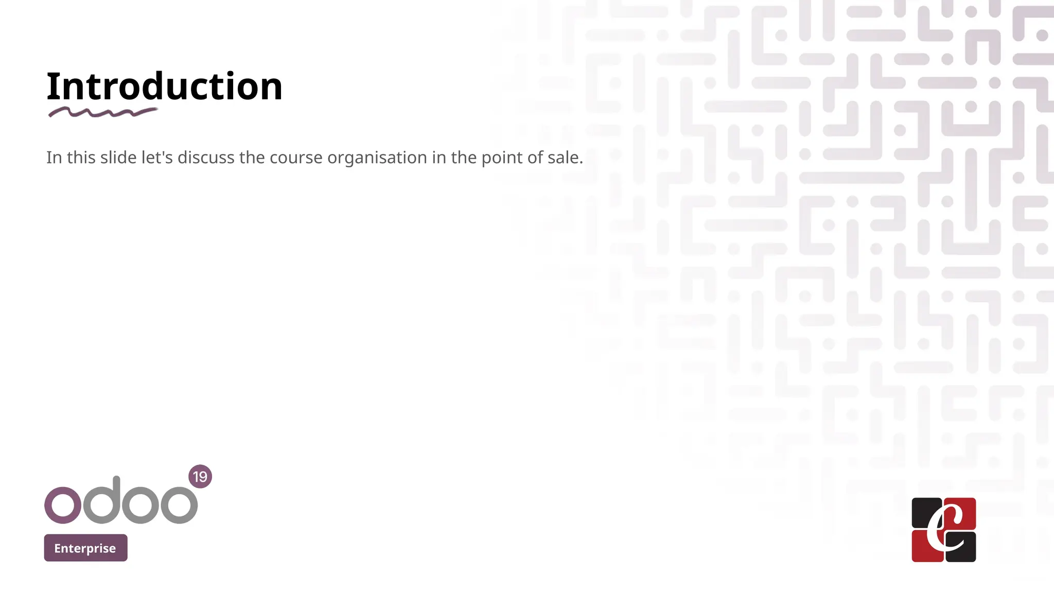 Introduction
In this slide let's discuss the course organisation in the point of sale.
Enterprise
 