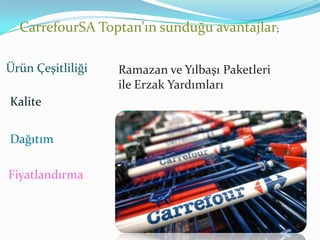 CarrefourSA Toptan’ın sunduğu avantajlar;

Ürün Çeşitliliği   Ramazan ve Yılbaşı Paketleri
                   ile Erzak Yardımları
Kalite


Dağıtım

Fiyatlandırma
 