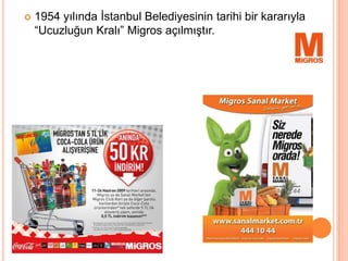    1954 yılında İstanbul Belediyesinin tarihi bir kararıyla
    “Ucuzluğun Kralı” Migros açılmıştır.
 