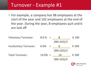 Turnover 
-­‐ 
Example 
#1 
• For 
example, 
a 
company 
has 
98 
employees 
at 
the 
start 
of 
the 
year 
and 
102 
employees 
at 
the 
end 
of 
the 
year. 
During 
the 
year, 
8 
employees 
quit 
and 
6 
are 
laid 
off 
Voluntary 
Turnover: 
8.0 
% 
= 
8 
X 
100 
(98+102)/2 
Involuntary 
Turnover: 
6.0% 
= 
6 
X 
100 
(98+102)/2 
Total 
Turnover: 
14.0% 
= 
14 
X 
100 
(98+102)/2 
 