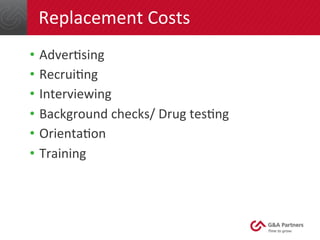 Replacement 
Costs 
• AdverGsing 
• RecruiGng 
• Interviewing 
• Background 
checks/ 
Drug 
tesGng 
• OrientaGon 
• Training 
 