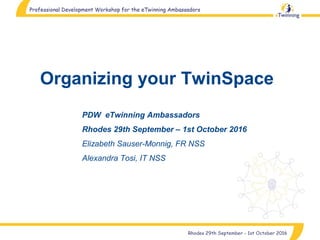 Organizing your TwinSpace
PDW eTwinning Ambassadors
Rhodes 29th September – 1st October 2016
Elizabeth Sauser-Monnig, FR NSS
Alexandra Tosi, IT NSS
 