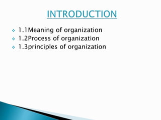  1.1Meaning of organization 
 1.2Process of organization 
 1.3principles of organization 
 