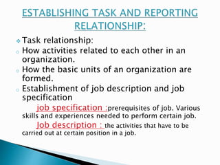  Task relationship: 
o How activities related to each other in an 
organization. 
o How the basic units of an organization are 
formed. 
o Establishment of job description and job 
specification 
job specification :prerequisites of job. Various 
skills and experiences needed to perform certain job. 
Job description : the activities that have to be 
carried out at certain position in a job. 
 