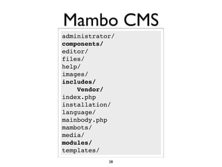Mambo CMS
administrator/
components/
editor/
files/
help/
images/
includes/
    Vendor/
index.php
installation/
language/
mainbody.php
mambots/
media/
modules/
templates/
            38
 
