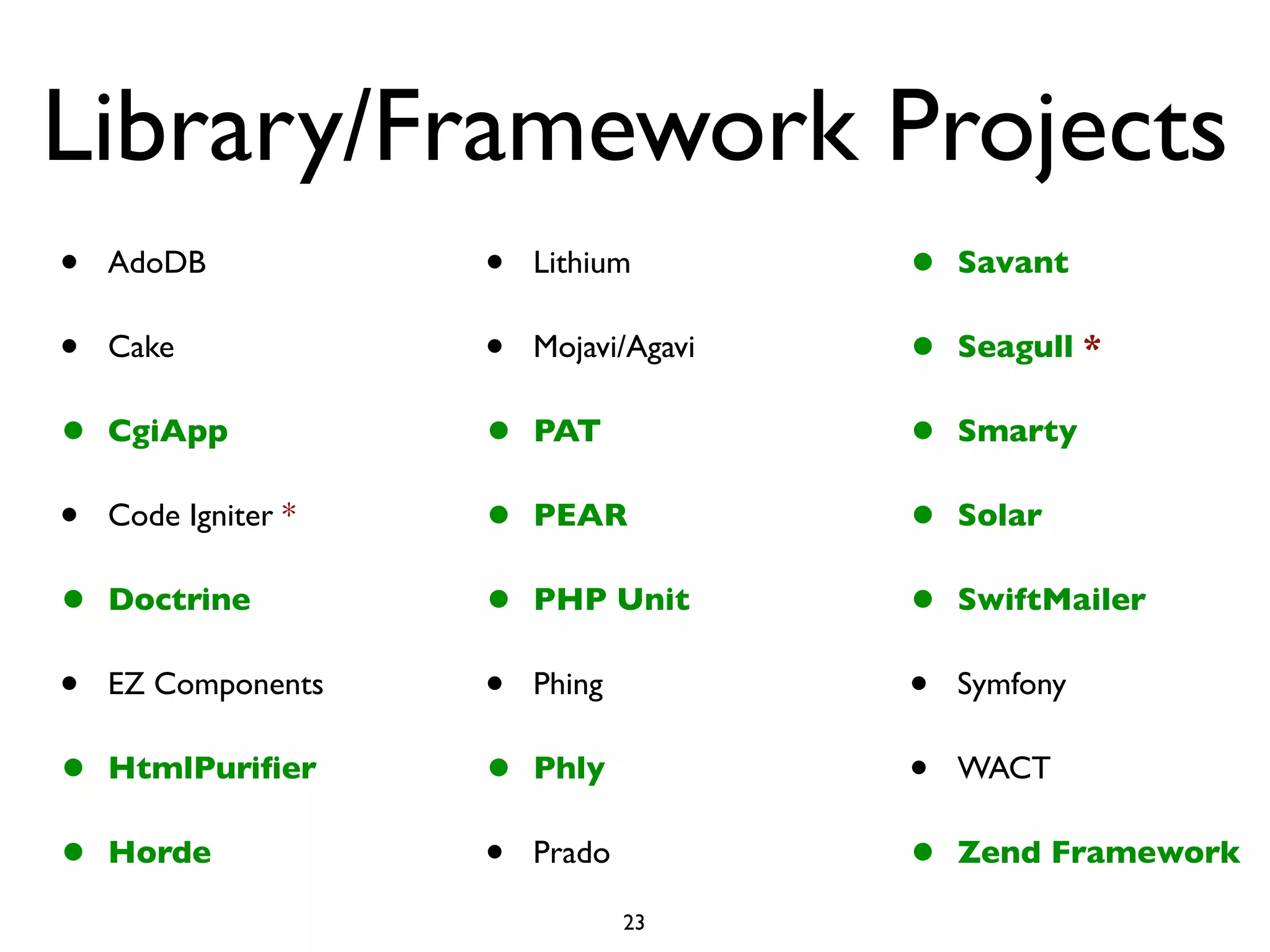 Library/Framework Projects
•   AdoDB            •   Lithium        •   Savant

•   Cake             •   Mojavi/Agavi   •   Seagull *

•   CgiApp           •   PAT            •   Smarty

•   Code Igniter *   •   PEAR           •   Solar

•   Doctrine         •   PHP Unit       •   SwiftMailer

•   EZ Components    •   Phing          •   Symfony

•   HtmlPuriﬁer      •   Phly           •   WACT

•   Horde            •   Prado          •   Zend Framework

                                 23
 
