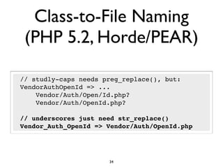 Class-to-File Naming
 (PHP 5.2, Horde/PEAR)

// studly-caps needs preg_replace(), but:
VendorAuthOpenId => ...
    Vendor/Auth/Open/Id.php?
    Vendor/Auth/OpenId.php?

// underscores just need str_replace()
Vendor_Auth_OpenId => Vendor/Auth/OpenId.php




                      34
 