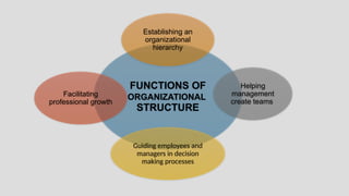FUNCTIONS OF
ORGANIZATIONAL
STRUCTURE
Establishing an
organizational
hierarchy
Helping
management
create teams
Guiding employees and
managers in decision
making processes
Facilitating
professional growth
 