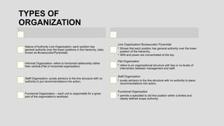 TYPES OF
ORGANIZATION
Nature of Authority Line Organization- each position has
general authority over the lower positions in the hierarchy. (also
known as Bureaucratic/Pyramidal)
Informal Organization- refers to horizontal relationship rather
than vertical.(Flat or horizontal organization)
Staff Organization- purely advisory to the line structure with no
authority to put recommendations into action.
Functional Organization – each unit is responsible for a given
part of the organization’s workload.
Line Organization/ Bureaucratic/ Pyramidal
• Shows that each position has general authority over the lower
position of the hierarchy.
• ARA and power are concentrated at the top.
Flat Organization
• refers to an organizational structure with few or no levels of
intervention between management and staff.
Staff Organization
• purely advisory to the line structure with no authority to place
recommendations into action.
Functional Organization
• permits a specialist to aid line position within a limited and
clearly defined scope authority.
 