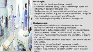 Advantages:
• Less equipment and supplies are needed.
• Each nurse becomes highly skillful, she develops speed and
efficiency in doing her assigned task.
• She become more independent and needs less supervision.
• Inexpensive method, e.g., nurses are from different categories
• Care is provided economically and efficiently
• Tasks are completed quickly & Useful in emergencies
Disadvantages:
• Fragmentation and depersonalization of patient care.
• No one nurse knows or evaluates patient care.
• It is difficult to define responsibility for errors in patient care.
• Some aspects of patient care are omitted, e.g., teaching.
• Poor nurse / patient communication and Monotony in doping
the one task.
• Nurse become less skillful in other tasks, their abilities are not
fully utilized.
• Patient may be confused with many care providers
• Neglecting the humanity of the patient and the individual
needs of the patient will be lost in an effort to get the work
done.
 