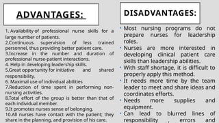 ADVANTAGES:
1. Availability of professional nurse skills for a
large number of patients.
2.Continuous supervision of less trained
personnel, thus providing better patient care.
3.Increase in the number and duration of
professional nurse-patient interactions.
4. Help in developing leadership skills.
5.Great opportunity for initiative and shared
responsibility.
6. Maximal use of individual abilities
7.Reduction of time spent in performing non-
nursing activities.
8.Total effort of the group is better than that of
each individual member.
9.It promotes nurses sense of belonging.
10.All nurses have contact with the patient; they
share in the planning, and provision of his care.
DISADVANTAGES:
• Most nursing programs do not
prepare nurses for leadership
roles.
• Nurses are more interested in
developing clinical patient care
skills than leadership abilities.
• With staff shortage, it is difficult to
properly apply this method.
• It needs more time by the team
leader to meet and share ideas and
coordinates efforts.
• Needs more supplies and
equipment.
• Can lead to blurred lines of
responsibility , errors and
 