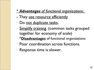 12
* Advantages of functional organizations:
- They use resource efficiently
- Do not duplicate tasks.
- Simplify training. (common tasks grouped
together for economy of scale)
*Disadvantages of functional organizations
- Poor coordination across functions.
- Response time is slower.
 