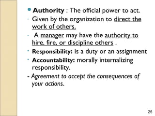 25
Authority : The official power to act.
- Given by the organization to direct the
work of others.
- A manager may have the authority to
hire, fire, or discipline others .
• Responsibility: is a duty or an assignment
• Accountability: morally internalizing
responsibility.
- Agreement to accept the consequences of
your actions.
 