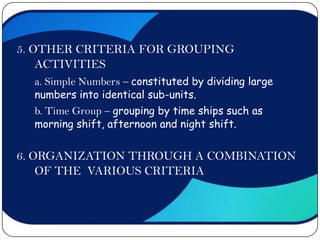 5. OTHER CRITERIA FOR GROUPING
    ACTIVITIES
  a. Simple Numbers – constituted by dividing large
  numbers into identical sub-units.
  b. Time Group – grouping by time ships such as
  morning shift, afternoon and night shift.


6. ORGANIZATION THROUGH A COMBINATION
    OF THE VARIOUS CRITERIA
 