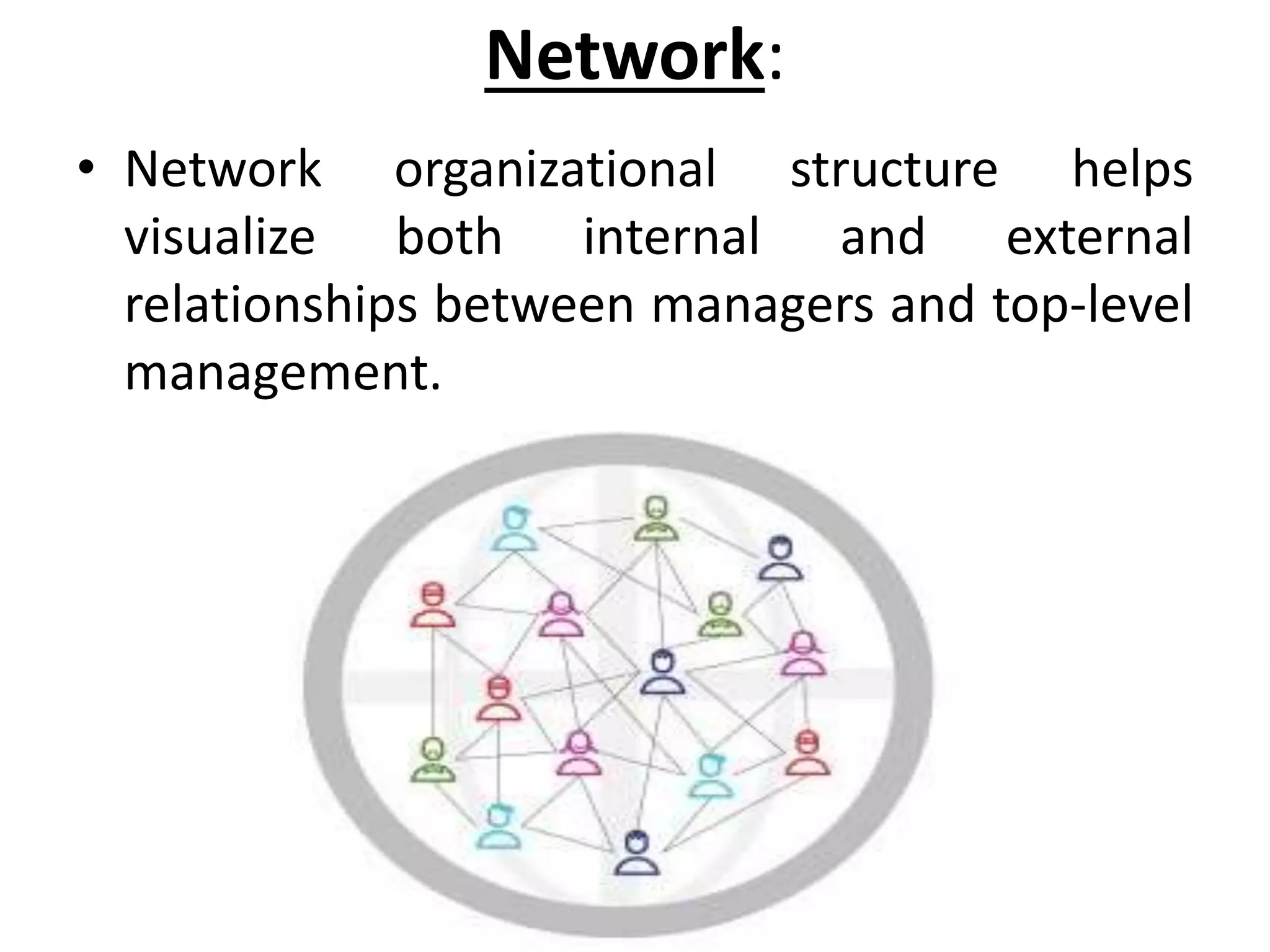 Network:
• Network organizational structure helps
visualize both internal and external
relationships between managers and top-level
management.
 