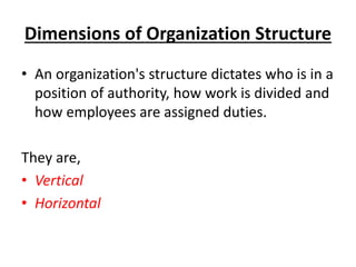 Dimensions of Organization Structure
• An organization's structure dictates who is in a
position of authority, how work is divided and
how employees are assigned duties.
They are,
• Vertical
• Horizontal
 