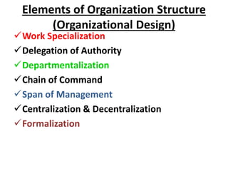 Elements of Organization Structure
(Organizational Design)
Work Specialization
Delegation of Authority
Departmentalization
Chain of Command
Span of Management
Centralization & Decentralization
Formalization
 