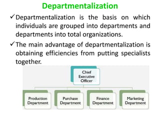 Departmentalization
Departmentalization is the basis on which
individuals are grouped into departments and
departments into total organizations.
The main advantage of departmentalization is
obtaining efficiencies from putting specialists
together.
 