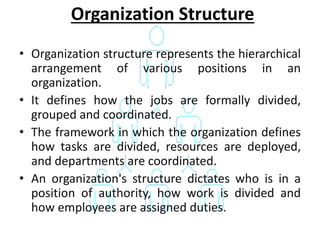 • Organization structure represents the hierarchical
arrangement of various positions in an
organization.
• It defines how the jobs are formally divided,
grouped and coordinated.
• The framework in which the organization defines
how tasks are divided, resources are deployed,
and departments are coordinated.
• An organization's structure dictates who is in a
position of authority, how work is divided and
how employees are assigned duties.
Organization Structure
 